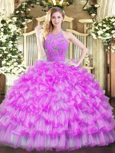 Lilac Sleeveless Tulle Zipper Sweet 16 Dresses for Military Ball and Sweet 16 and Quinceanera