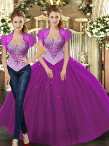 Sleeveless Tulle Floor Length Lace Up Quinceanera Dress in Fuchsia with Beading