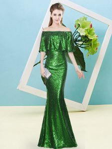 Classical Floor Length Dark Green Prom Gown Sequined Half Sleeves Sequins
