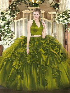 Hot Sale Floor Length Olive Green Quinceanera Gowns Halter Top Sleeveless Zipper