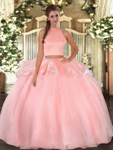 Halter Top Sleeveless Backless Ball Gown Prom Dress Pink Organza