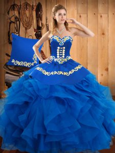 Clearance Blue Vestidos de Quinceanera Military Ball and Sweet 16 and Quinceanera with Embroidery and Ruffles Sweetheart Sleeveless Lace Up