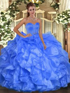 Spectacular Blue Sleeveless Floor Length Beading and Ruffles Lace Up Sweet 16 Dress