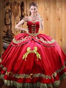Red Satin and Organza Lace Up Off The Shoulder Sleeveless Floor Length 15 Quinceanera Dress Beading and Embroidery