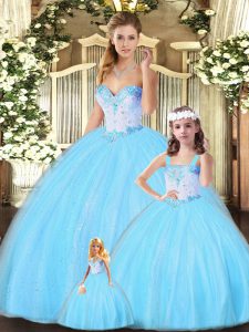 Dynamic Aqua Blue Ball Gowns Beading Quinceanera Gown Lace Up Tulle Sleeveless Floor Length