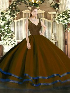Brown Quinceanera Dresses Military Ball and Sweet 16 and Quinceanera with Beading and Lace and Ruffled Layers V-neck Sleeveless Backless