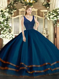 Glorious Navy Blue Sleeveless Beading and Lace and Ruffled Layers Floor Length 15th Birthday Dress