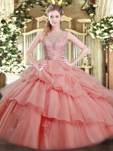 Edgy Watermelon Red Tulle Backless Scoop Sleeveless Floor Length Sweet 16 Dresses Beading and Ruffled Layers