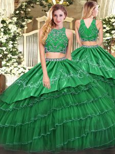 High-neck Sleeveless Quinceanera Gowns Floor Length Beading and Embroidery and Ruffled Layers Green Tulle