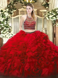 Beautiful Halter Top Sleeveless Sweet 16 Dress Floor Length Beading and Ruffles Red Tulle