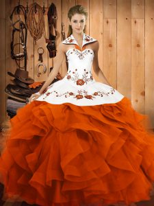 Orange Red Sleeveless Embroidery and Ruffles Floor Length Sweet 16 Quinceanera Dress