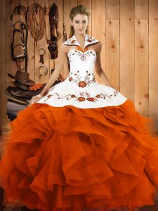 Orange Red Sleeveless Embroidery and Ruffles Floor Length Sweet 16 Quinceanera Dress