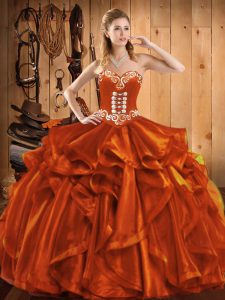 Glittering Sleeveless Floor Length Embroidery Lace Up Sweet 16 Quinceanera Dress with Rust Red