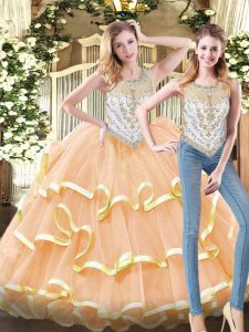 Peach Zipper Scoop Beading and Ruffled Layers 15th Birthday Dress Organza Sleeveless
