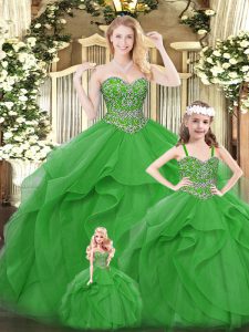 Hot Selling Floor Length Lace Up Vestidos de Quinceanera Green for Military Ball and Sweet 16 and Quinceanera with Beading and Ruffles