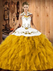 Low Price Gold Lace Up Halter Top Embroidery and Ruffles 15 Quinceanera Dress Satin and Organza Sleeveless