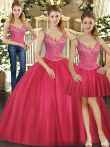 Hot Pink Sleeveless Beading Floor Length Quinceanera Gown