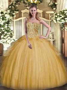 Pretty Gold Organza Lace Up Sweet 16 Dress Sleeveless Floor Length Beading and Ruffles