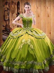 Trendy Ball Gowns Quinceanera Dress Olive Green Off The Shoulder Satin and Organza Sleeveless Floor Length Lace Up