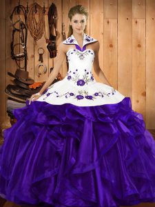 Artistic Purple Ball Gowns Organza Halter Top Sleeveless Embroidery and Ruffled Layers Floor Length Lace Up Quinceanera Gowns