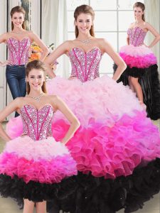 Custom Design Sleeveless Floor Length Beading and Ruffles Lace Up Quinceanera Dresses with Multi-color
