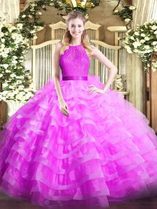 Lilac Scoop Zipper Ruffled Layers Quince Ball Gowns Sleeveless