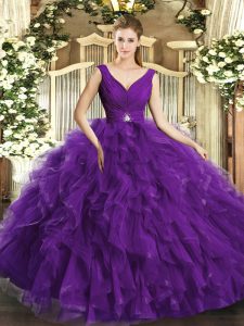 Best Selling Purple Ball Gowns V-neck Sleeveless Organza Floor Length Backless Beading and Ruffles Vestidos de Quinceanera