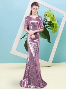Fuchsia Sequined Zipper Scoop Half Sleeves Floor Length Prom Dresses Sequins