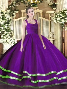 Luxurious Purple Zipper Straps Ruffled Layers and Ruching Quinceanera Gown Organza Sleeveless