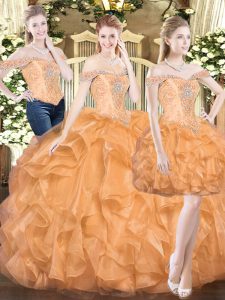Glorious Organza Off The Shoulder Sleeveless Lace Up Ruffles Ball Gown Prom Dress in Orange Red