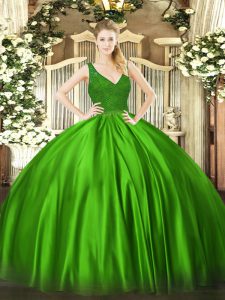 Satin V-neck Sleeveless Backless Beading and Lace Sweet 16 Dresses in Green