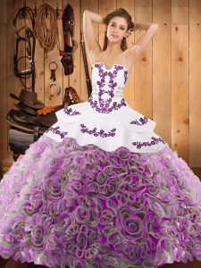 Multi-color Ball Gowns Embroidery Ball Gown Prom Dress Lace Up Satin and Fabric With Rolling Flowers Sleeveless With Train