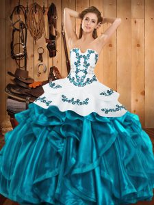 Ball Gowns Quinceanera Gown Teal Strapless Satin and Organza Sleeveless Floor Length Lace Up