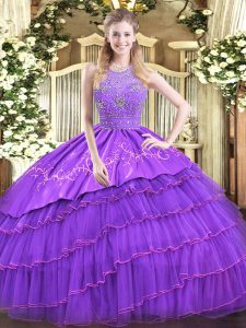 Lavender Zipper Halter Top Beading and Embroidery and Ruffled Layers Sweet 16 Dress Satin and Tulle Sleeveless