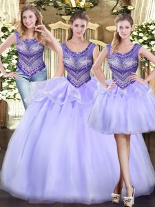 Fabulous Scoop Sleeveless Quinceanera Gowns Floor Length Beading and Ruffles Lavender Tulle