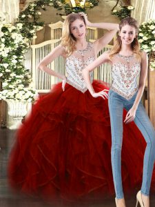 Charming Sleeveless Floor Length Beading and Ruffles Zipper Quince Ball Gowns with Wine Red