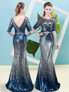 Multi-color Mermaid Sequined Scoop Half Sleeves Sequins and Belt Floor Length Zipper Prom Gown
