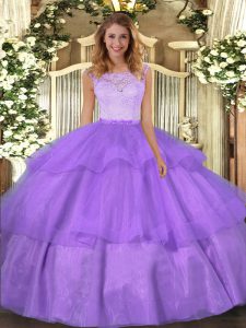 Gorgeous Lavender Ball Gowns Lace and Ruffled Layers Sweet 16 Quinceanera Dress Clasp Handle Organza Sleeveless Floor Length