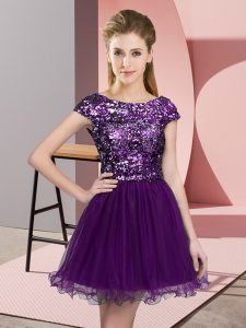 Pretty Mini Length Dark Purple Dama Dress for Quinceanera Scoop Cap Sleeves Zipper