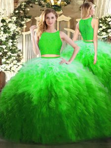 Decent Green Scoop Neckline Lace and Ruffles Quinceanera Gown Sleeveless Zipper