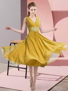 Glittering Beading Damas Dress Gold Side Zipper Sleeveless Knee Length