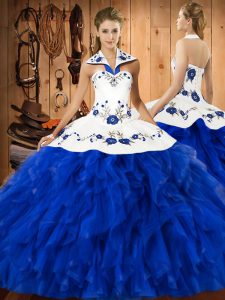 Captivating Satin and Organza Halter Top Sleeveless Lace Up Embroidery and Ruffles Sweet 16 Dress in Blue And White