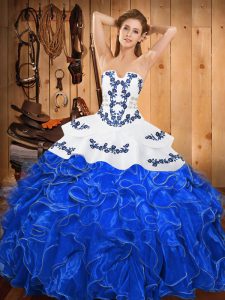 Blue And White Ball Gowns Embroidery and Ruffles Ball Gown Prom Dress Lace Up Satin and Organza Sleeveless Floor Length