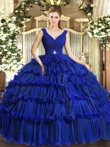 V-neck Sleeveless Quinceanera Dress Floor Length Beading and Ruffled Layers Royal Blue Organza
