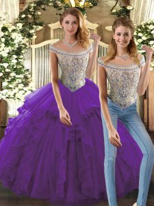 Purple Two Pieces Organza Bateau Sleeveless Beading and Ruffles Floor Length Lace Up Quinceanera Gown
