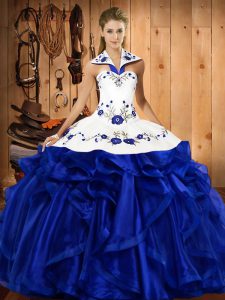 Halter Top Sleeveless Lace Up Ball Gown Prom Dress Royal Blue Satin and Organza