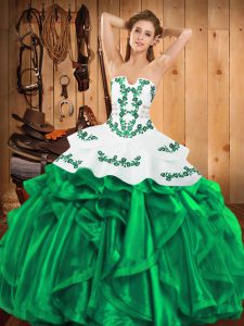 Satin and Organza Strapless Sleeveless Lace Up Embroidery and Ruffles Vestidos de Quinceanera in Green