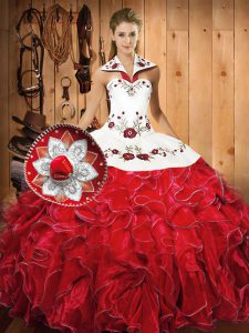 White And Red Sleeveless Embroidery and Ruffles Floor Length Sweet 16 Quinceanera Dress