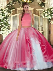 Pretty Halter Top Sleeveless Tulle Quinceanera Gowns Beading and Ruffles Backless