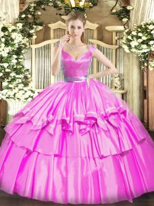 Fuchsia Tulle Zipper Sweet 16 Dresses Sleeveless Floor Length Beading and Ruffled Layers